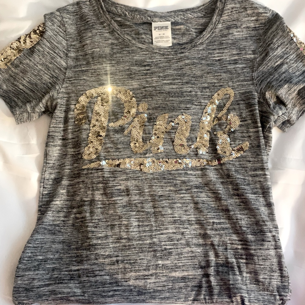 Pink by Victoria Secret T shirt. Grey & Gold, Size Medium, only worn once.